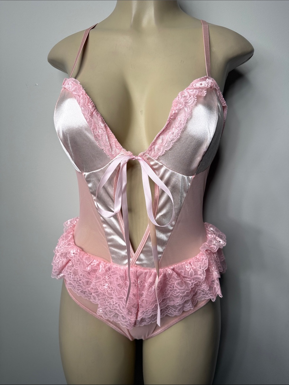 Delicate Pink Satin & Lace Teddy Bodysuit